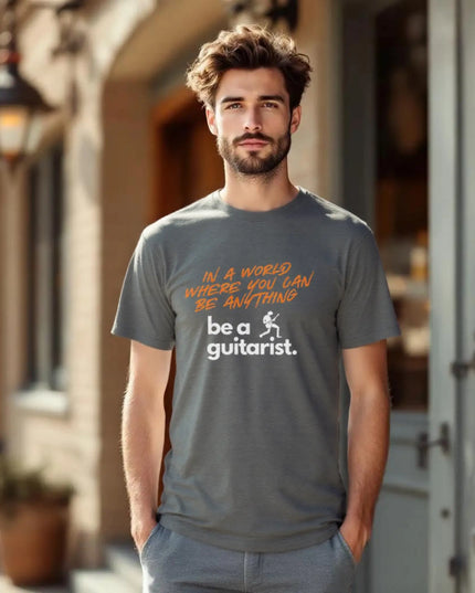 Model wearing the tee styled with guitar and jeans for a casual look