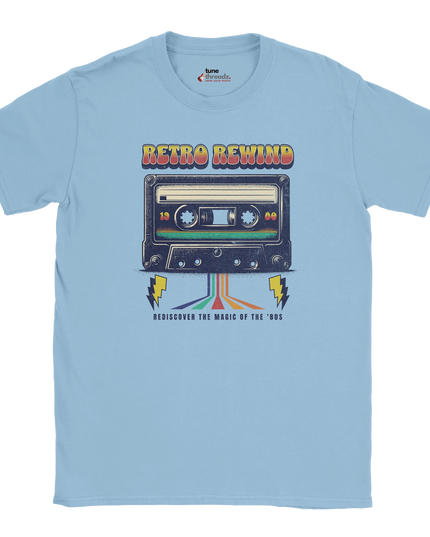 Close-up of cassette tape illustration on Retro Rewind shirt