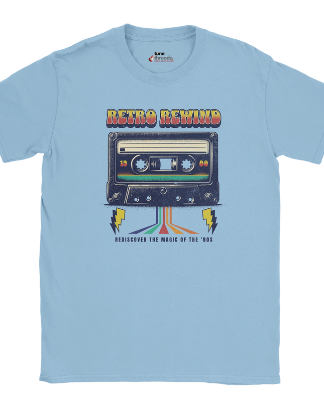 Close-up of cassette tape illustration on Retro Rewind shirt