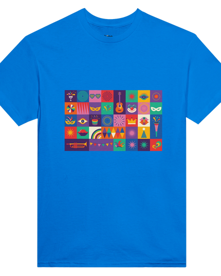 Flat-lay of shirt with headphones and colorful music motif