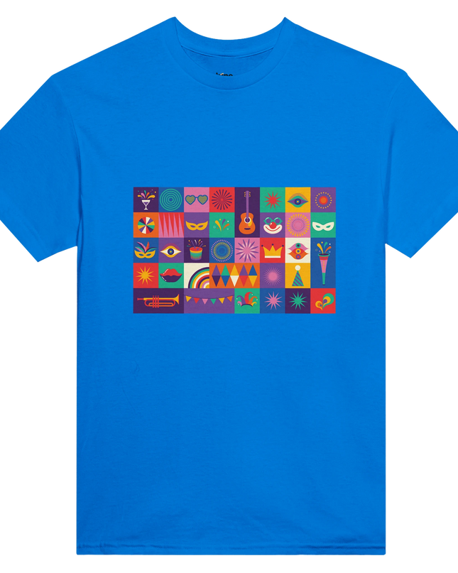 Flat-lay of shirt with headphones and colorful music motif