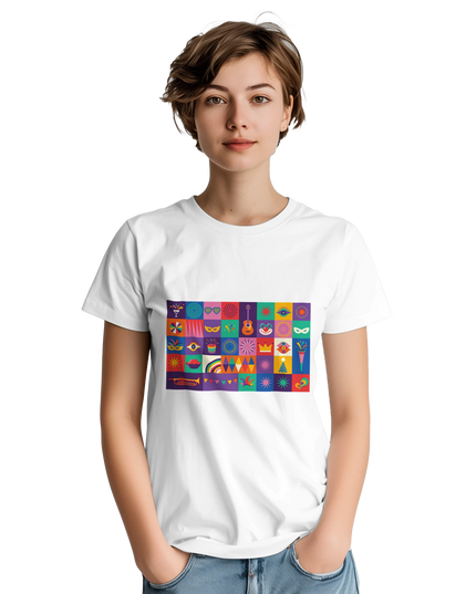 Flat-lay of the shirt set against a background of musical notes, vinyl, and color swatches