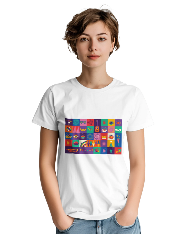 Flat-lay of the shirt set against a background of musical notes, vinyl, and color swatches