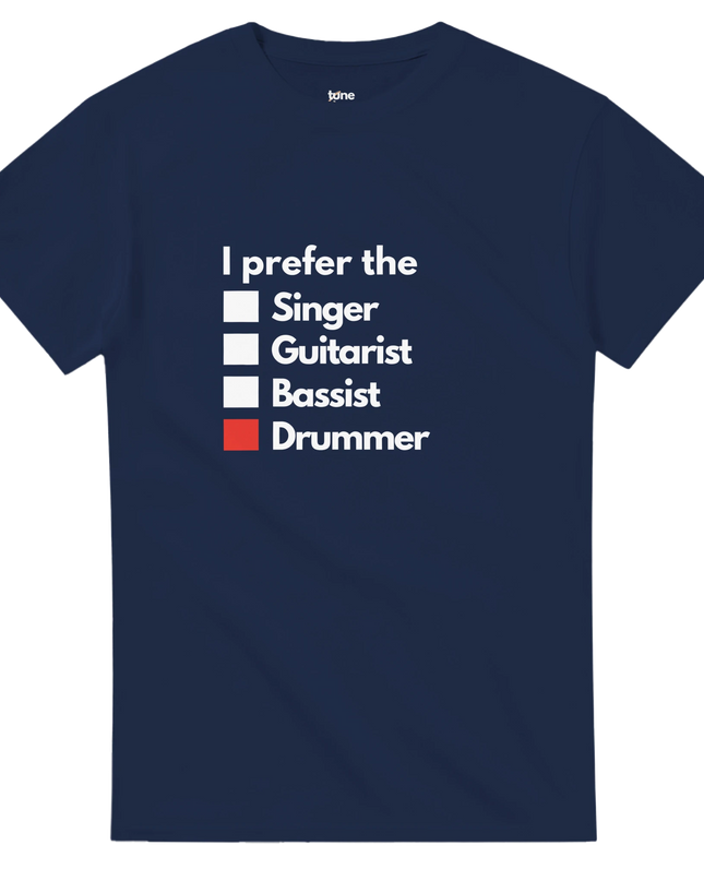Close-up showing taped shoulders and crisp “I Prefer the Drummer” print

