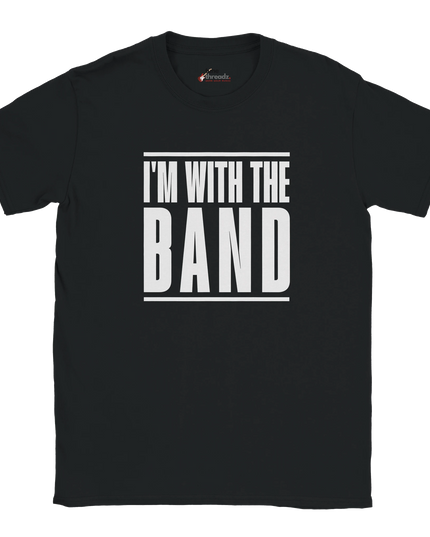 Close-up of fan slogan ‘I’m With the Band’ printed on T‑shirt