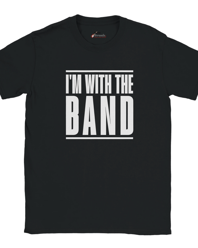 Close-up of fan slogan ‘I’m With the Band’ printed on T‑shirt
