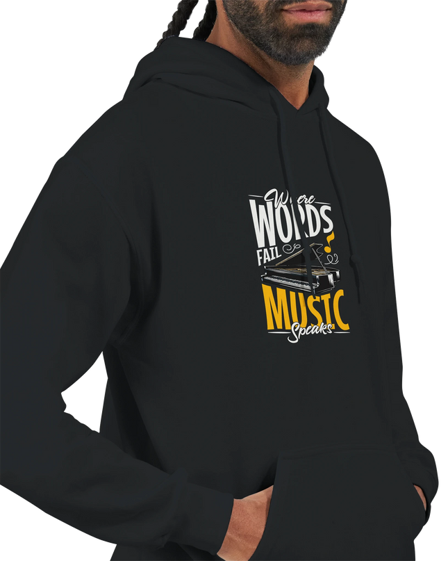 Lifestyle image: hoodie draped over chair with vinyl and headphones