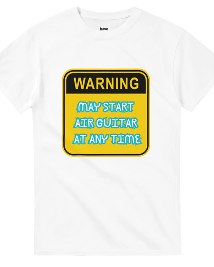 Heavyweight cotton tee with ‘Warning: May start air guitar’ printed 
in bold