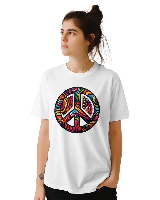 Model wearing Peace 4 colorful peace emblem relaxed-fit tee