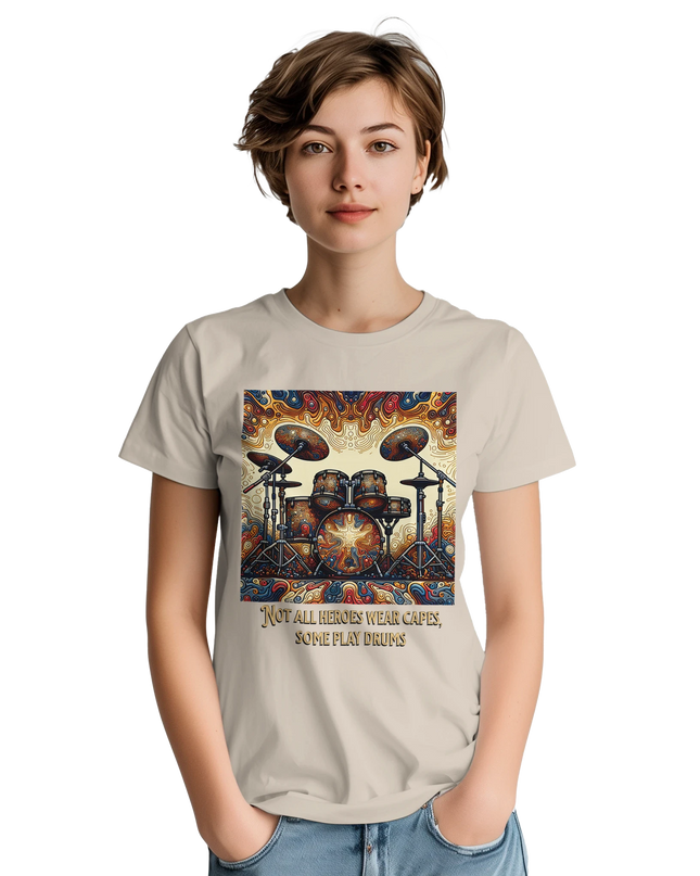 Model wearing relaxed-fit drummer hero shirt styled backstage or studio