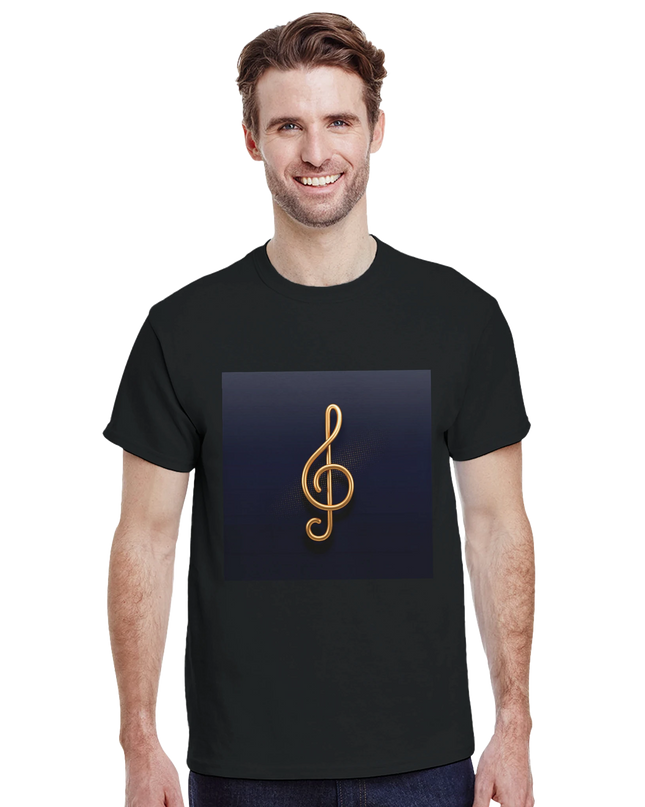 Flat-lay of shirt accompanied by a cello bow and bass clef sheet music