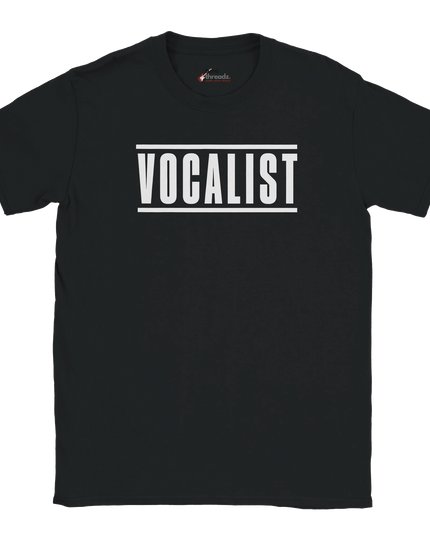 Close-up of typography on Vocalist music shirt