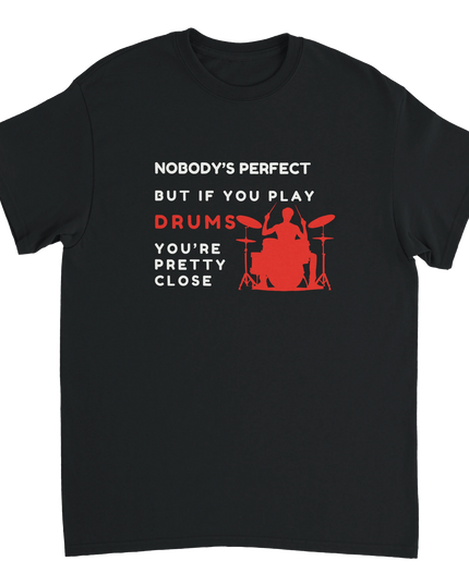Close-up showing seamless double‑needle collar and taped shoulders on drummer tee