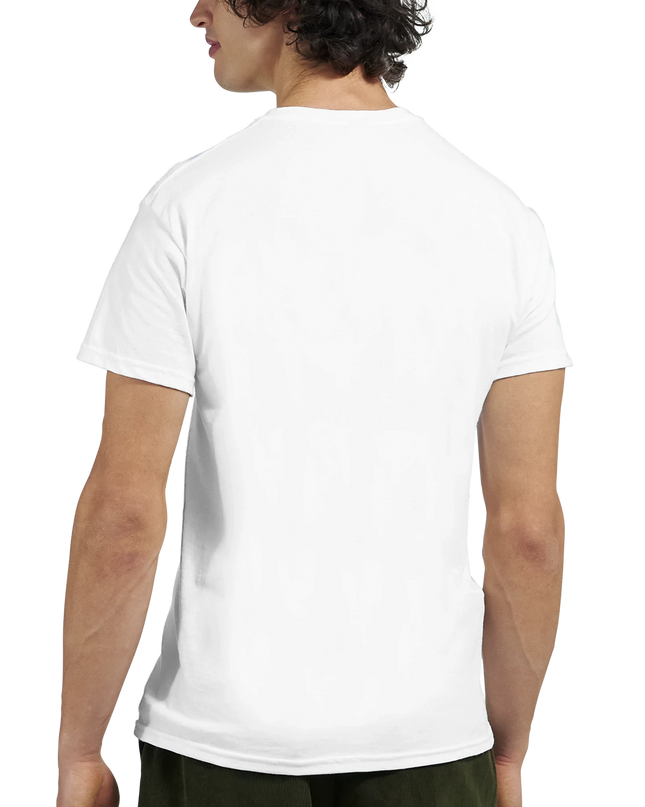 Close-up of seamless double‑needle collar and taped shoulder seams on Music Speaks tee
