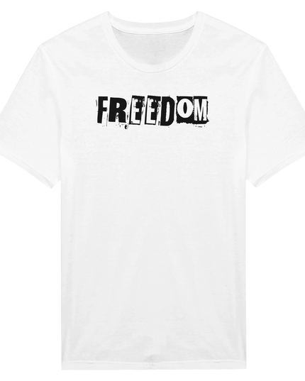 Close-up of ‘Freedom’ typography on relaxed-fit shirt