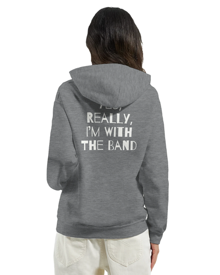 Unisex hoodie displayed folded on vintage wood bench with tour pass lanyard beside it