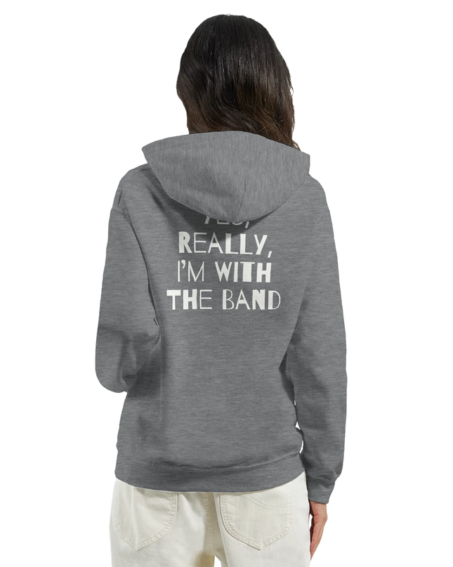 Unisex hoodie displayed folded on vintage wood bench with tour pass lanyard beside it