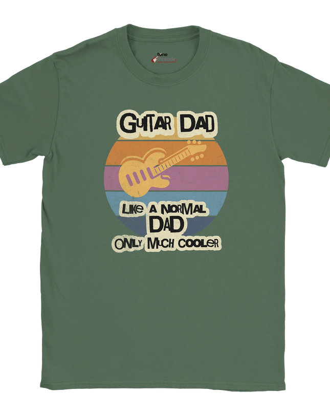 Close-up of bold text design on Cool Guitar Dad shirt
