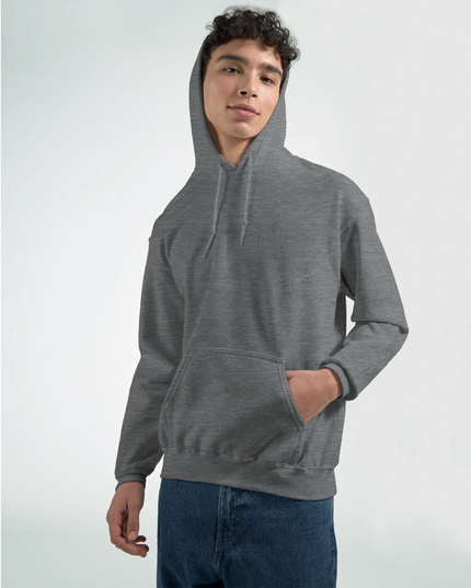 Model in music studio wearing roadie hoodie while adjusting guitar amp cables.