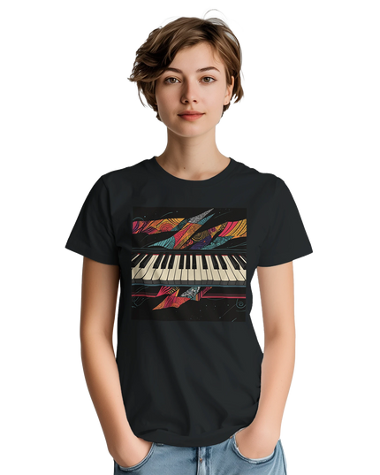 Model wearing piano tribute tee with relaxed vintage styling