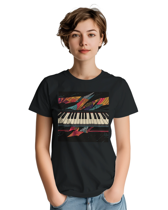 Model wearing piano tribute tee with relaxed vintage styling