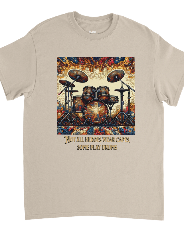 Not All Heroes Drums tee with bold slogan print on soft heavyweight 
cotton