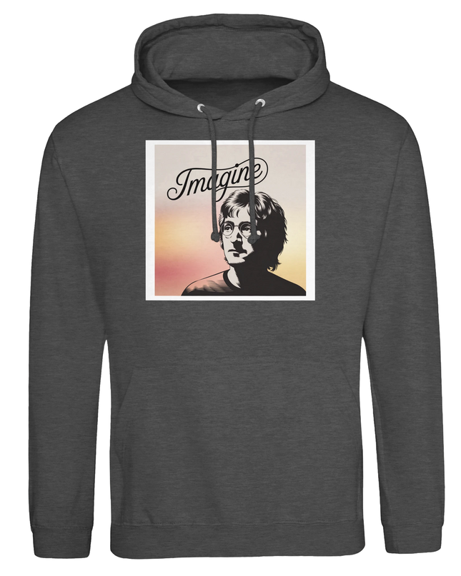 Flat‑lay of hooded sweatshirt with music design and drawstrings
