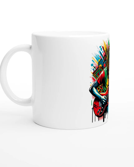 Lifestyle shot: mug filled with coffee placed next to guitar picks