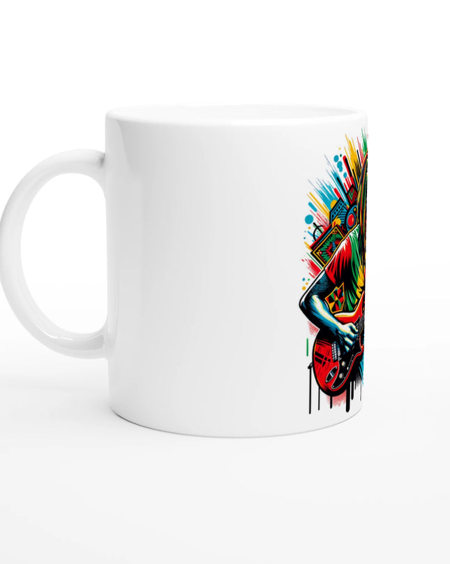 Lifestyle shot: mug filled with coffee placed next to guitar picks