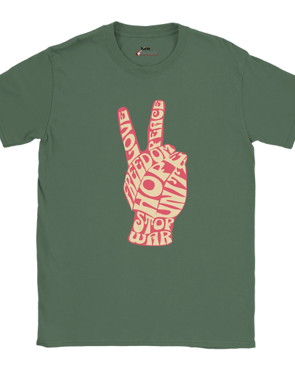 Outerwear tee with bold 60s peace sign design front view
