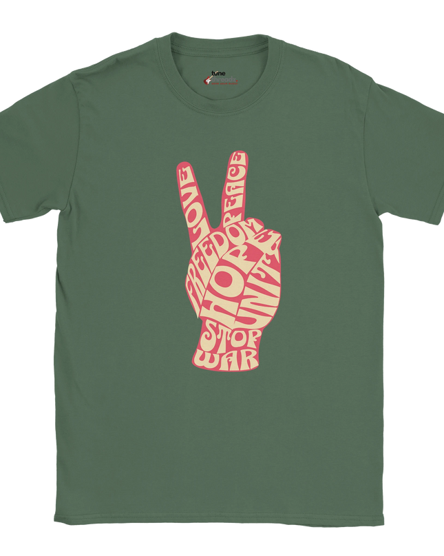 Outerwear tee with bold 60s peace sign design front view