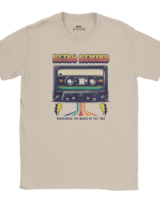 Retro-inspired music slogan shirt with cassette artwork