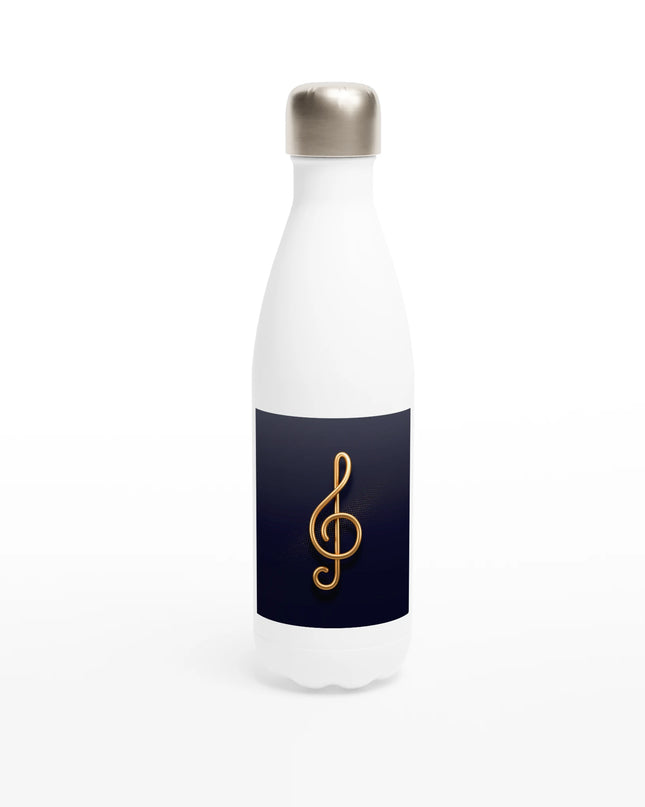 Lifestyle image: musician holding treble clef bottle next to sheet music