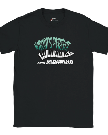 Unisex tee printed with 'Nobody’s Perfect' piano keys design