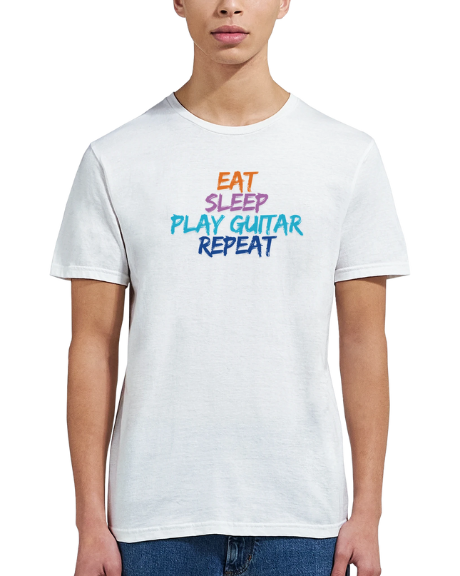 Model wearing relaxed-fit guitar lifestyle T‑shirt
