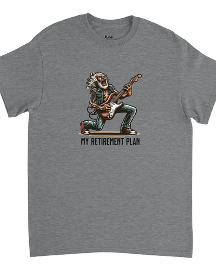 Model wearing the Retirement Plan Guitar tee in relaxed unisex fit