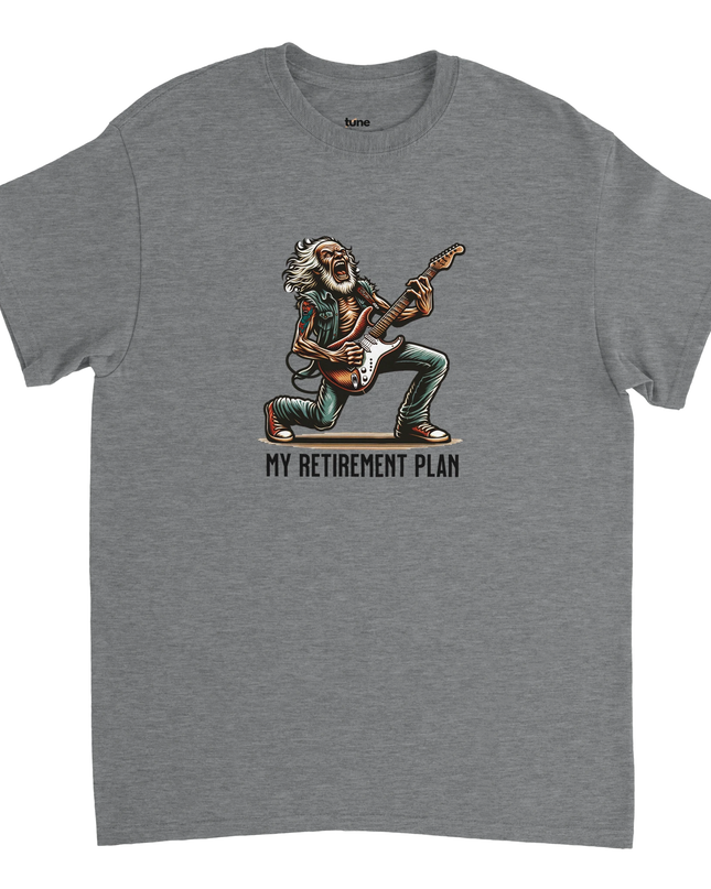 Model wearing the Retirement Plan Guitar tee in relaxed unisex fit