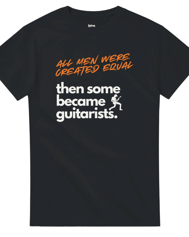 Model wearing the guitarist tee with guitar and amp in background