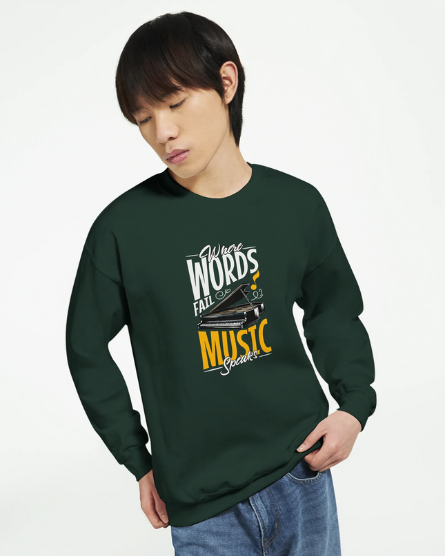 Model wearing music lover mantra pullover casually styled