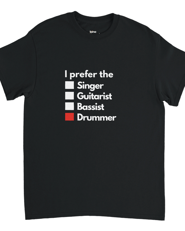 Close-up showing taped shoulders and crisp “I Prefer the Drummer” print
