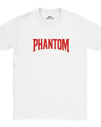 Close-up of Gildan 64000 collar and print design on Phantom T‑shirt