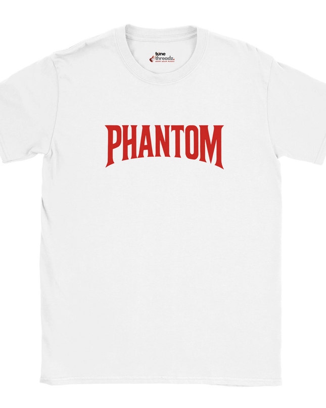 Close-up of Gildan 64000 collar and print design on Phantom T‑shirt