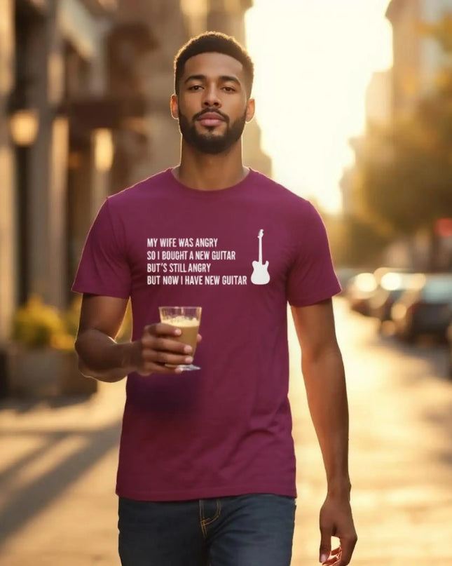 Close-up of seamless collar, taped neck, and sleeve hems on the humorous tee