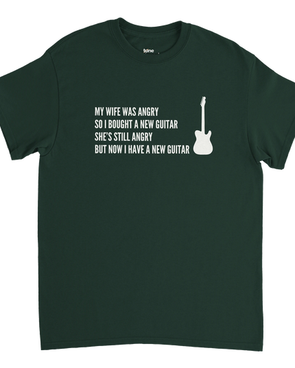Model wearing the tee holding a guitar in a casual, expressive pose