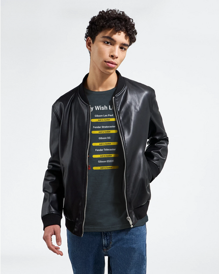 Black or navy tee with wish list of musical items illustration