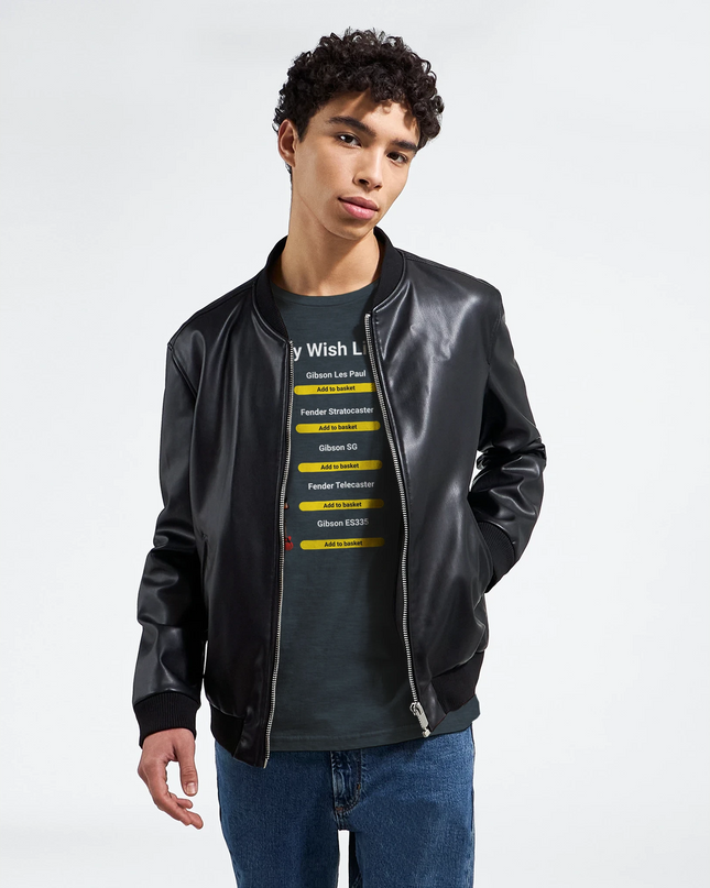 Black or navy tee with wish list of musical items illustration