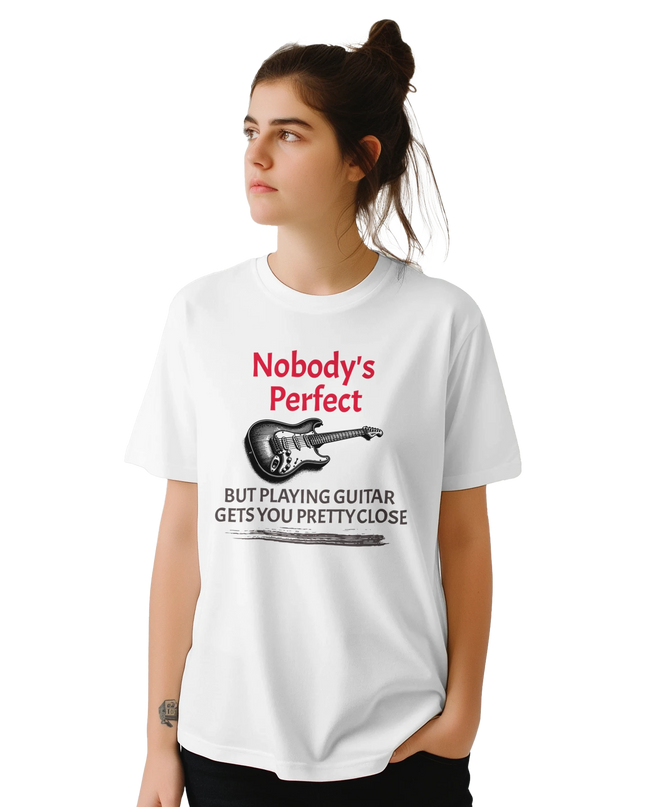 White unisex tee with quirky guitar quote design