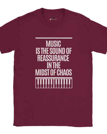 Close-up of calming message design on music T‑shirt