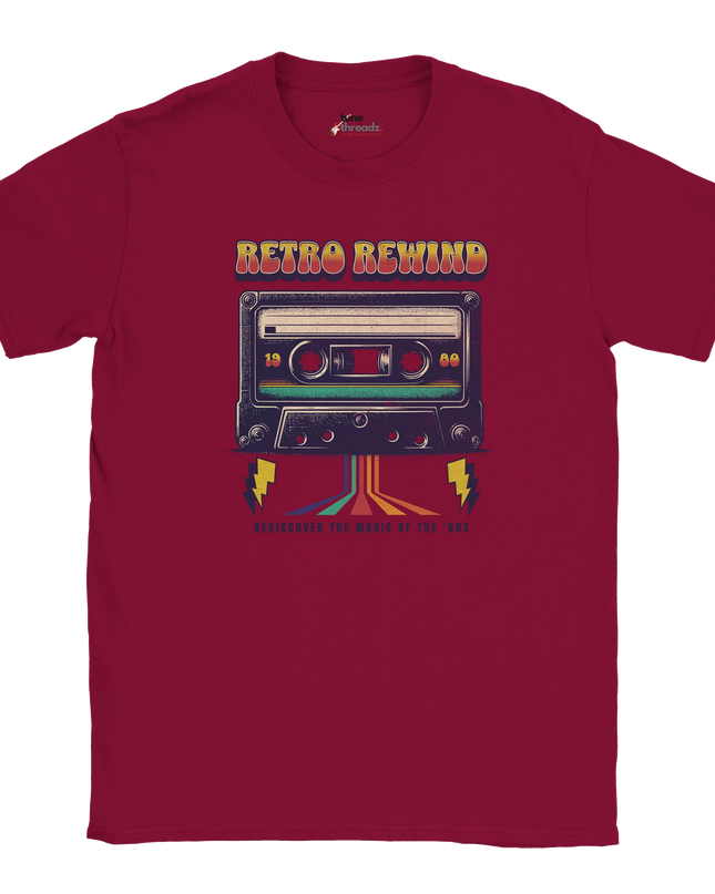 Vintage cassette music tee featuring rewind symbol