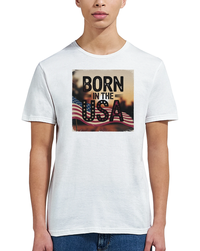 Model wearing Born in the USA unisex music t‑shirt